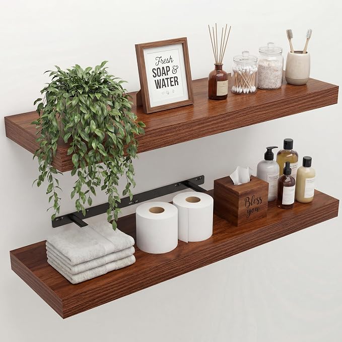 30 in Floating Shelves for Wall Decor Color Walnut,Pack 2 | Modern floating shelves for living room,bedroom,kitchen and bath.Organize & display books,photos and decor.easy mount,sturdy.