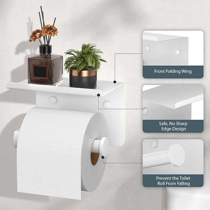 FORIOUS Toilet Paper Holder with Shelf, Adhesive or Screw, White | Wall Mount Toilet Paper Roll Holder for Bathroom, Stainless Steel Commercial Toilet Tissue Roll Dispenser with Phone Shelf
