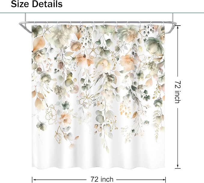 Green Yellow Floral Summer Watercolor Sage Bathroom Shower Curtain Set | 72"W x 72"L Flower Eucalyptus look, waterproof HD printed shower curtain, quick-dry fabric and free hooks.
