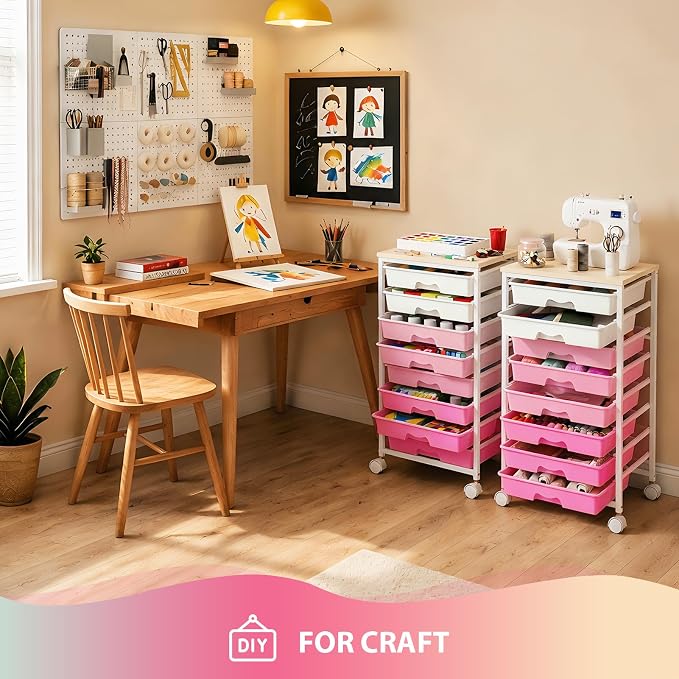 Goovilla Rolling Cart with 8 Drawers for Art, Dorm, Office, Craft, Pink | Utility Cart Organizer With 8 Removable Drawers and Wooden Tabletop, Lockable Rolling Storage Organizer for Classroom, Home