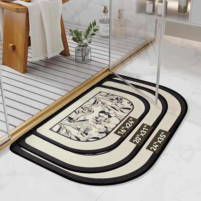 Half Circle Bath Mat, Thin Bathroom Rugs Fit Under Door, Black 20x31 | Non Slip, Quick Dry Absorbent, Rubber Backing Washable, Semi Circle Bathmat for Bathroom Floor, Tub and Shower, Home Decor