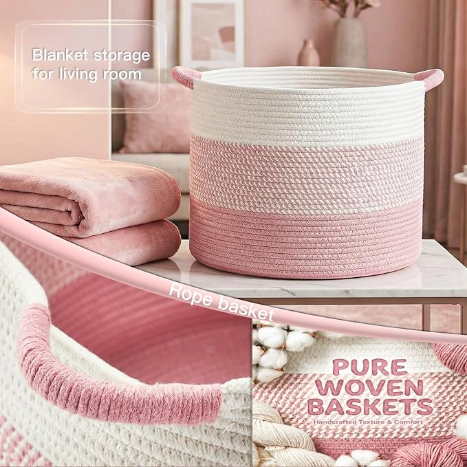 Artfeel 40L Large Cotton Rope Basket, Decorative Woven Blanket Storage for Living Room, Boho Toy Storage & Toy Box for Kids, Versatile Laundry Basket & Nursery Hamper for Blankets(Pink)