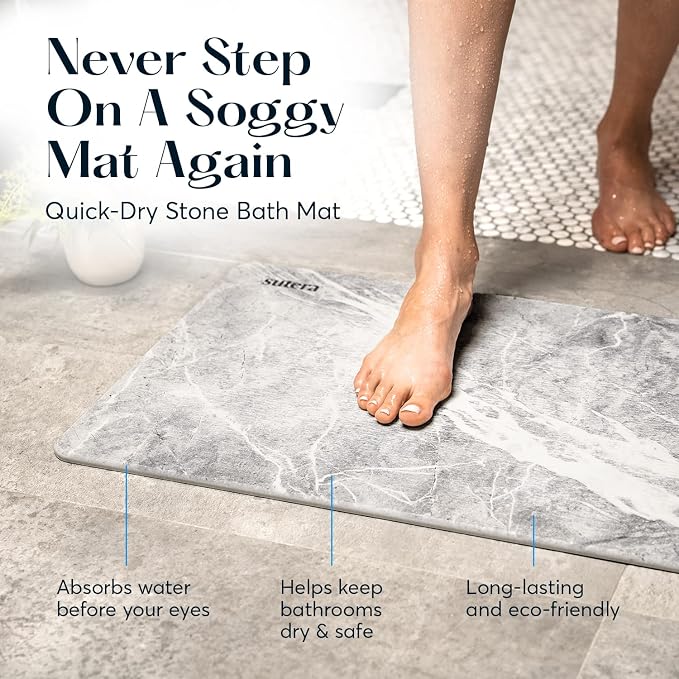 Stone Bath Mat for Bathroom, Dries in Seconds - Diatomaceous Earth, Granite | Super absorbent, quick-drying & easy to clean. Natural material that lasts — restores with light sanding.