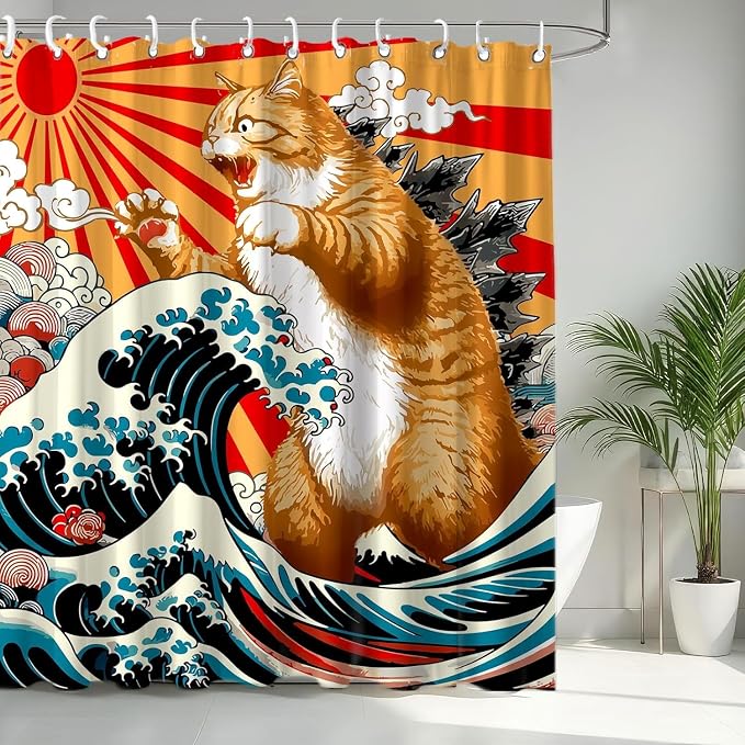 Funny Japanese Cat Shower Curtain, Vintage Orange Cat Japan Anime Ocean Wave Waterproof Shower Curtain with Hooks, Funky Animal Sun Fabric Shower Curtains Kids Bathroom Decor 60X72inches