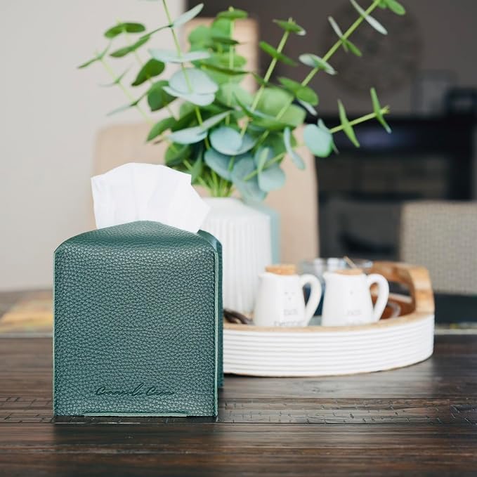 Premium PU Leather Tissue Box Holder - Elegant Hotel-Style Tissue Box Cover for Home, Office & Car Décor, Tissues Cube Organizer for a Natural & Classic Look (Dark-Green)