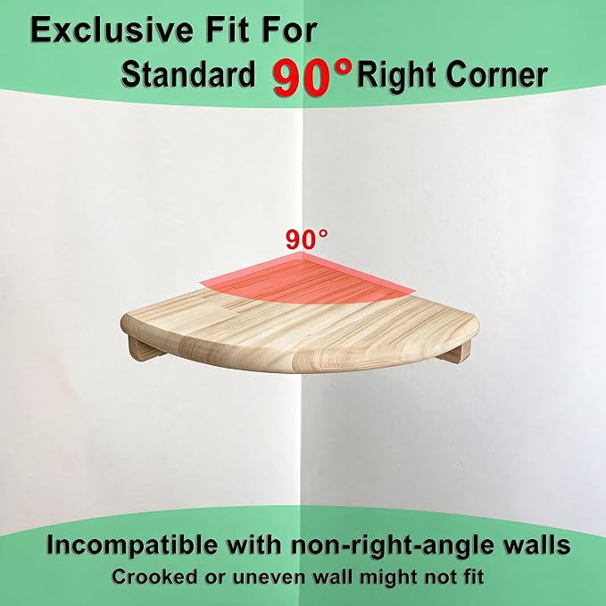 Solid Wood Floating Corner Shelf, 7.1 in Wall Mount Round End | Built-in wire hole, holds small decor, plants & speakers; ideal for bedroom, kitchen, living room