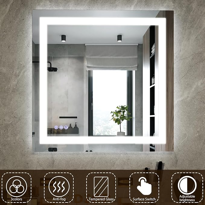 Large Bathroom Mirror with Lights 47 x 47 Inch - 3 Adjustable Lighting Modes Square LED Bathroom Vanity Mirror, Anti-Fog, Memory Function, Tempered Glass, Wall Mounted Horizontally Vertically