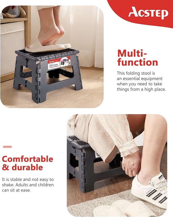 Folding Step Stool 9 inch Height Non-Slip Plastic Step Stools for Kids and Adults, Kitchen Collapsible Fold Up Small Stepping Stool Grey,1 Pack | Portable Foldable Stools, Heavy Duty Collapsible Foot Stool, Holds 300 lb for Adults Kitchen Bathroom Outd...