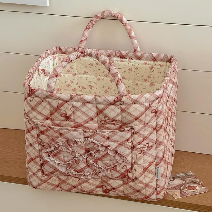 Storage Basket Boho Fabric Large Collapsible Floral Laundry Nursery Hamper Portable Folding Storage for Clothes Toys (Red Bow)