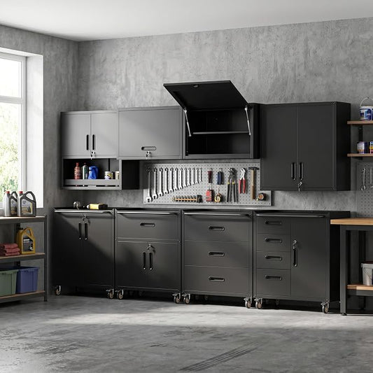 Garage Storage Cabinet System,Wall Cabinet & Locking Rolling Tool Cabinet with Doors and Adjustable Shelves
