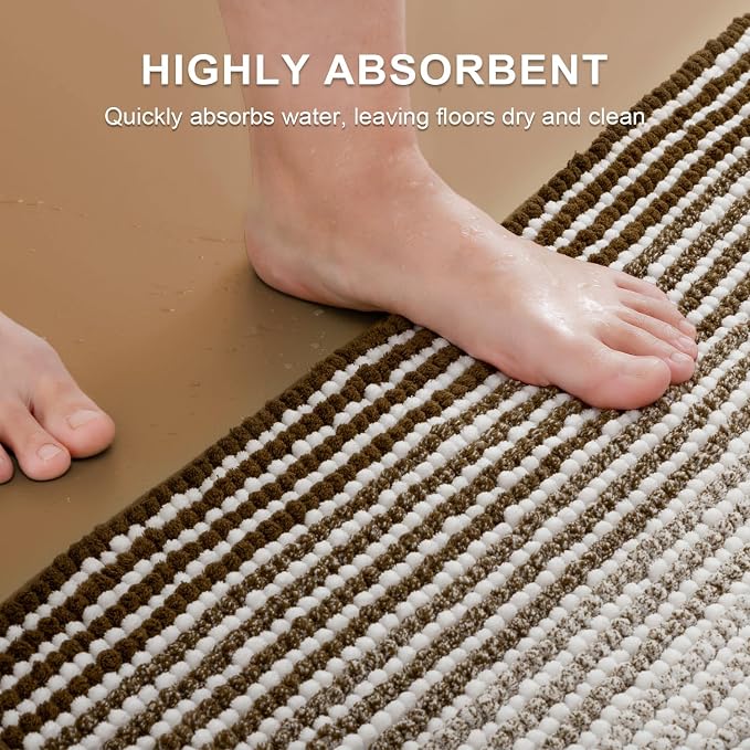 Bathroom Rugs and Mats Sets, 2 Piece Thick Absorbent Chenille Bath Mat Rug Set Non Slip, Soft Shaggy Bath Room Floor Mats for Bathroom, Machine Washable (Brown, 20" x 60" Plus 20" x 32")
