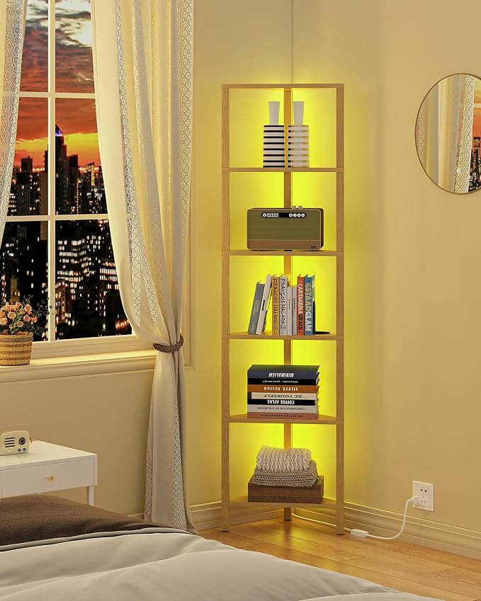TUTOTAK Corner Shelf with LED Light, 6-Tier Corner Bookshelf | for Small Space, Narrow Display Corner Shelf Stand with Storage Rack, for Living Room, Bedroom, Natural BS05BN006L