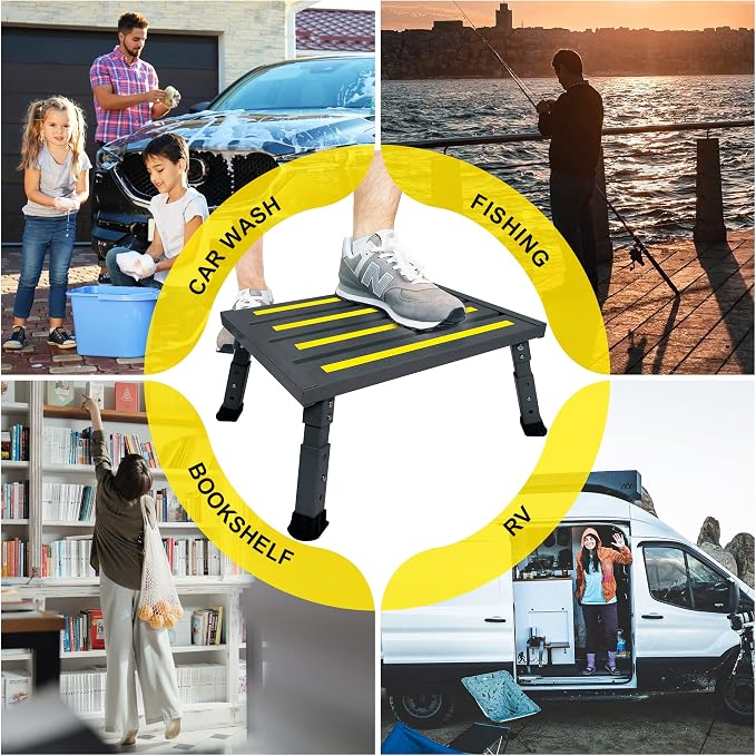 Adjustable RV Step Stool, Wide Platform, Foldable Legs, Black | 3 Height Settings, 1,000-lb Capacity, Aluminum Frame, Non-Slip Rubber Feet, Portable Step for Camper Stairs and Trailers