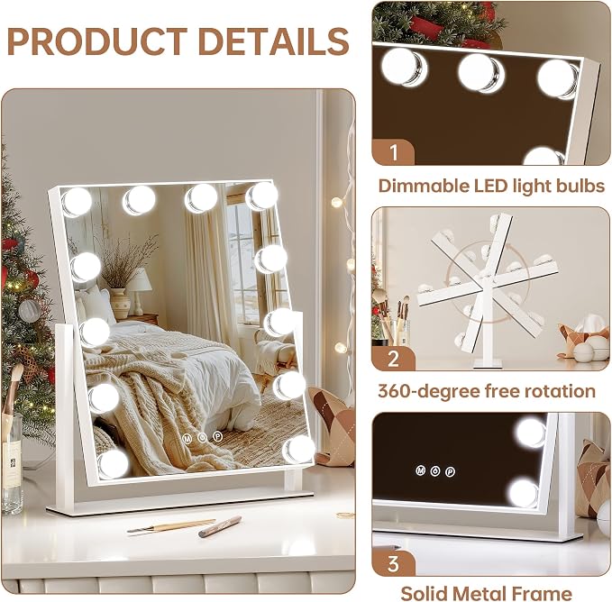 Vanity Mirror with Lights, 12 Bulbs Makeup Mirror with Smart Touch Control, 3-Color Dimmable Lighting, 360° Rotation