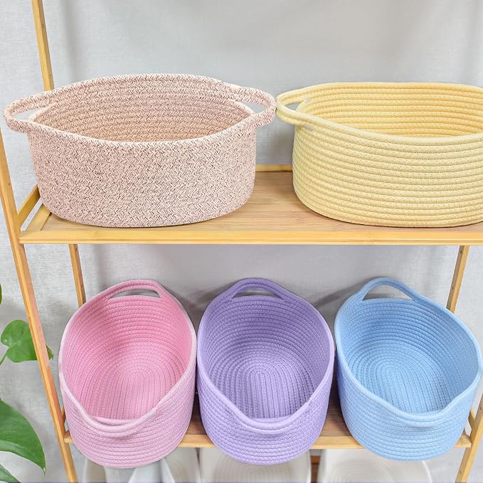 ABenkle Small Basket with Handles, Boho Decorative Rope Woven Dog Cat Toy Storage Bin Shelf Storage Organizer, Easter Christmas Gift Basket, 12"x8"x5"