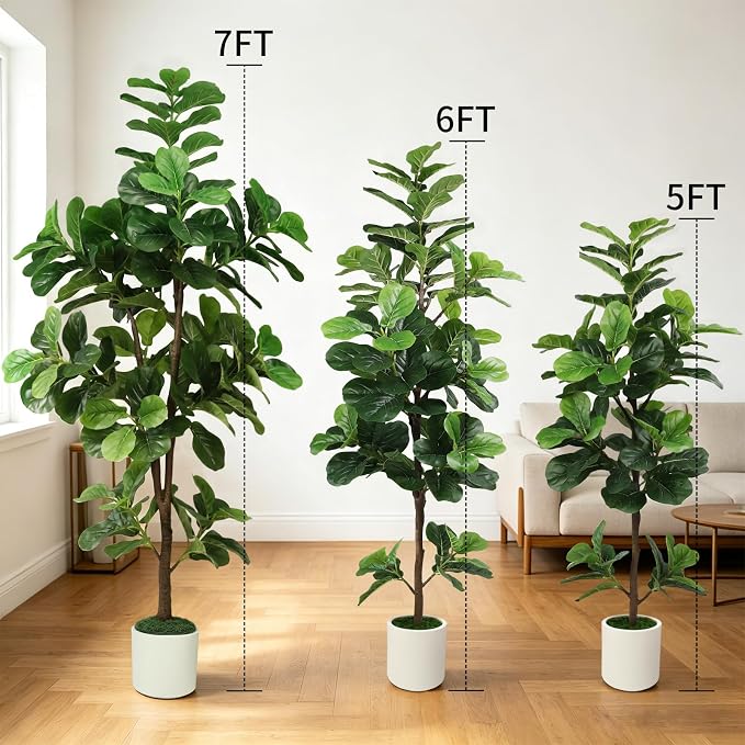 7FT Artificial Fiddle Leaf Fig Tree with White Planter & Fake Moss, Realistic Faux Ficus Lyrata Floor Plant for Indoor Home Office Decor, Housewarming Gift