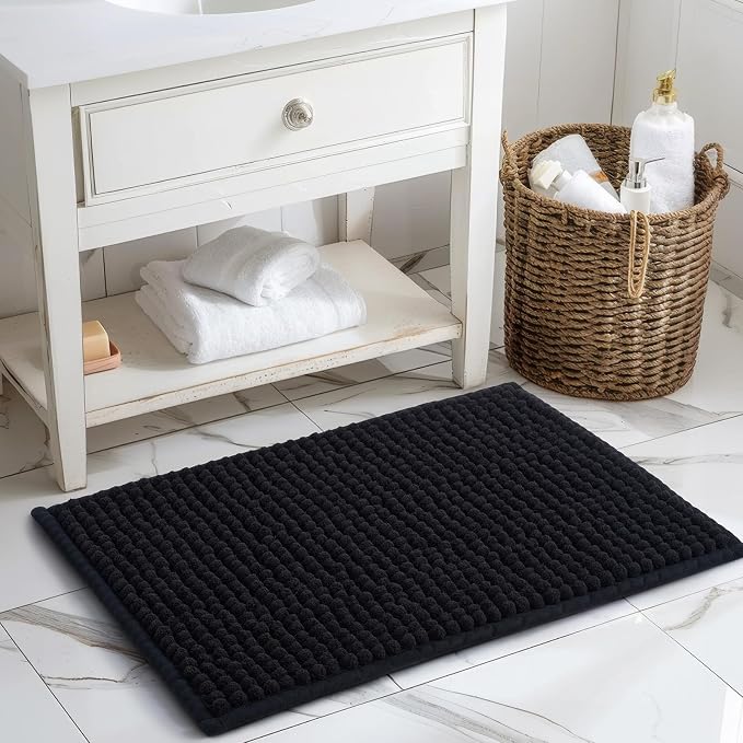 FRESHMINT Thick Chunky Chenille Bathroom Rug, Black, 17"x24" | Non-Slip Backing, Water Absorbent Surface, Machine Washable Care, Cushioned Comfort, Bathroom Floor Use