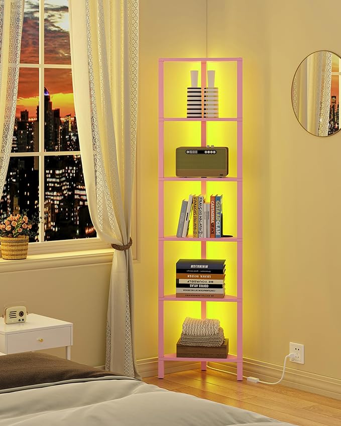 TUTOTAK Corner Shelf with LED Light, 6-Tier Corner Bookshelf | for Small Space, Narrow Display Corner Shelf Stand with Storage Rack, for Living Room, Bedroom, Pink BS05BP006L