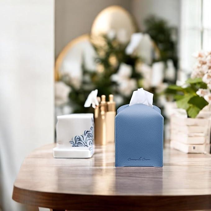 Premium PU Leather Tissue Box Holder - Elegant Hotel-Style Tissue Box Cover for Home, Office & Car Décor, Tissues Cube Organizer for a Natural & Classic Look (Sky Blue 2 Pack)