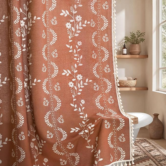 Boho Terracotta Vintage Shower Curtain with Tassels 72 x 72 Inch | Fall Bohemian Floral Linen Fabric Pattern Curtain Curtain For Bathroom