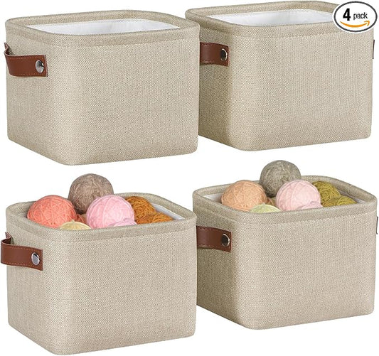 Small Fabric Storage Bins, Mini Storage Cubes, 7.8x6.7x5.9 Inch | Decorative Storage Basket, Collapsible Storage Organizer, with Handles, For Desk Shelves Makeup, 4-Pack, Brown