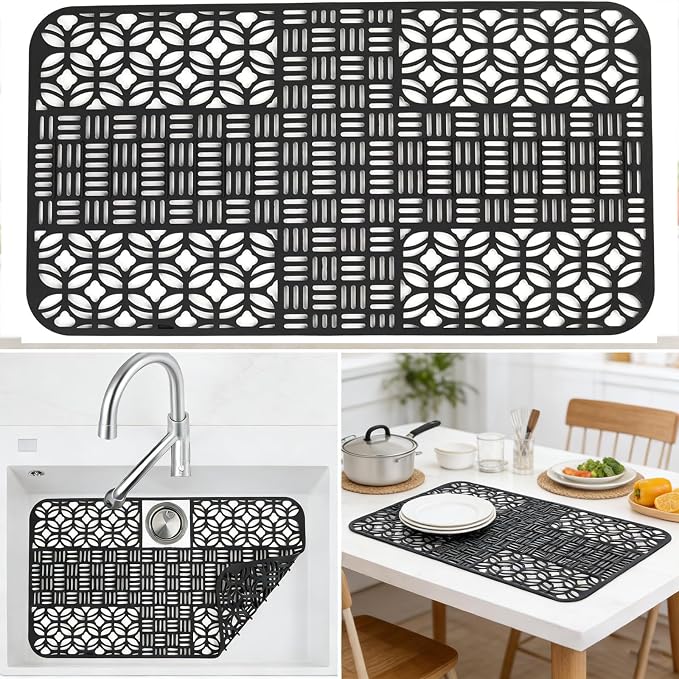 Silicone Sink Mat 26x14 Black - Kitchen Sink Protector | Cut-to-fit heat-resistant silicone mat protects stainless steel sinks. Fits double-basin & farmhouse sinks.