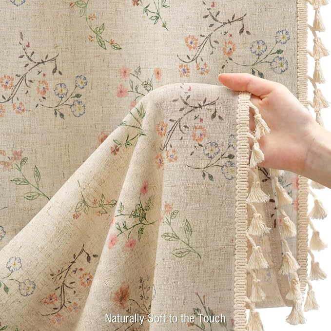 Floral Farmhouse Vintage Linen Shower Curtain, French Country Spring Shower Curtains for Bathroom with Tassels, 72Wx72H