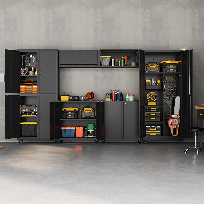 71''H Metal Garage Storage Cabinet with Wheels, Broom Cabinet with Lock | Rolling Tool Storage Cabinet, Steel Tool Cabinet with 2 Doors and Shelves for Garage, Warehouse, Assembly Required, Black