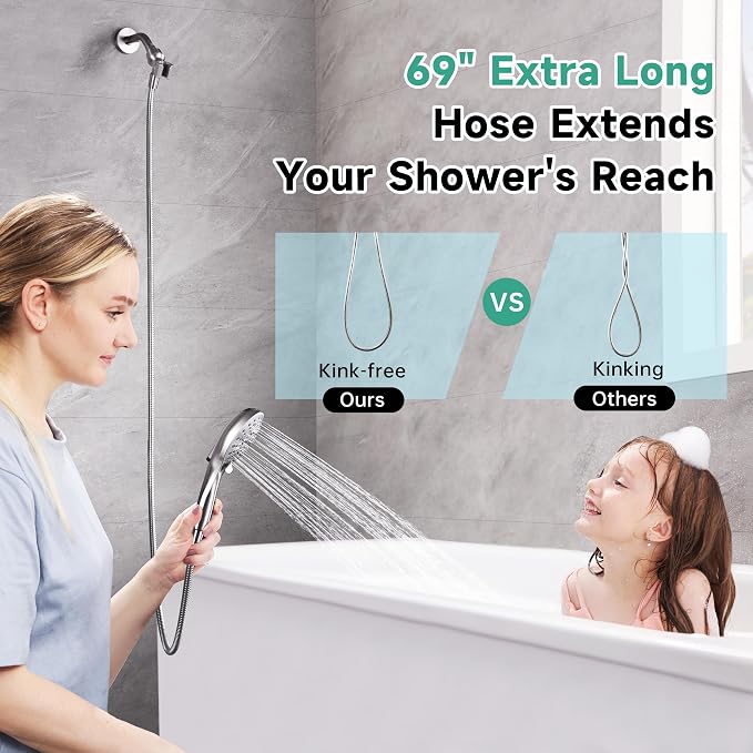 BRIGHT SHOWERS High Pressure Shower Head with Handheld, 9 Spray Settings Showerhead Built in Power Wash to Clean Tub and Pets, Extra Long 69" Hose, Adjustable Bracket, Brushed Nickel