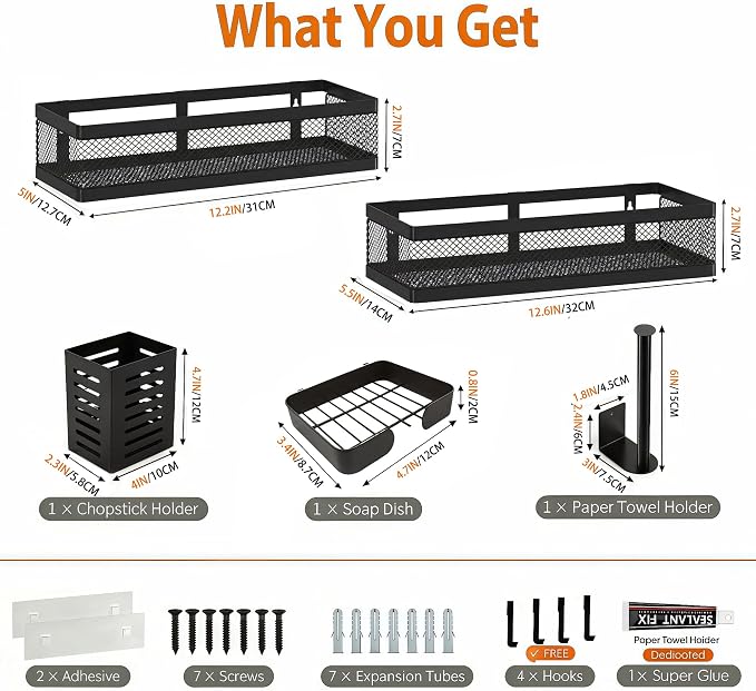 PUSDON 5-in-1 Wide Wall Mount Wrapped Mesh Kitchen Organizer & Shower Caddy Kit, with Paper Towel Holder, Utensil Holder, Soap Dish, Heavy Duty 50LBS - Matte Black, Netting