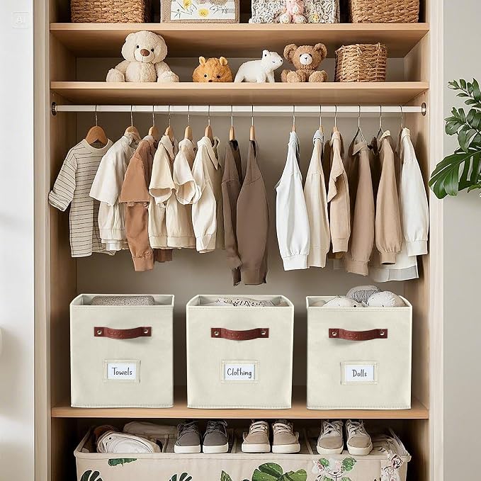 DECOMOMO Storage Bins, Cube Storage Bin with Labels | 10.5" x 11" Fabric Storage Cubes for Shelves (6pcs, Beige)