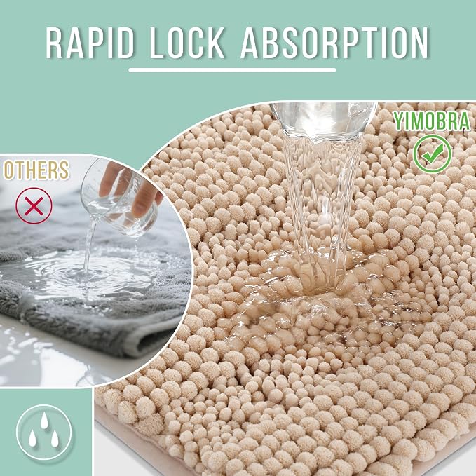 Yimobra Bathroom Rug Mat, Non Slip and Super Absorbent Bath Mat, Machine Washable Quick Dry, Ultra Plush Chenille Shower Rugs for Bathroom Floor Sink Tub and Shower Outside, Beige, 24 x 17