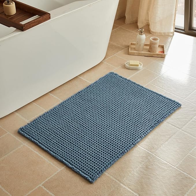 Triohero Waffle Bath Mat, Boho Bathroom Rugs Non Slip Washable, Ultra Soft Super Absorbent Quick Dry Farmhouse Bathroom Decor, 24" x 36", Denim Blue