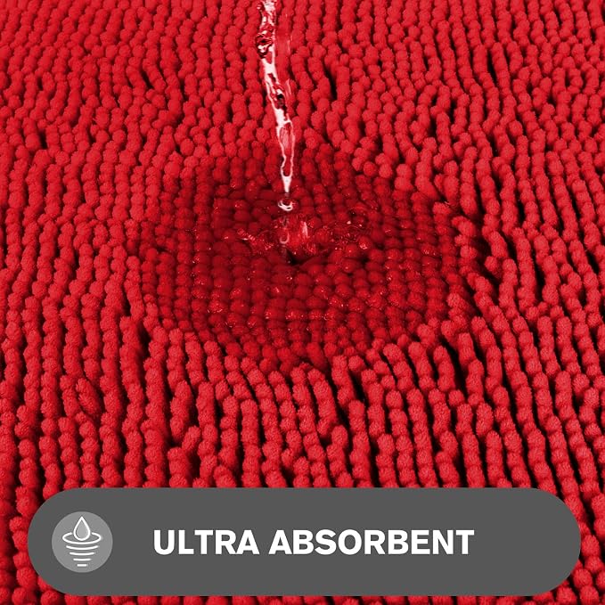 Red Bathroom Rugs – Absorbent and Washable Bath Mat, Non-Slip, Thick Soft Chenille Bath Rugs for Bathroom Floor, Shower - 17" x 24"