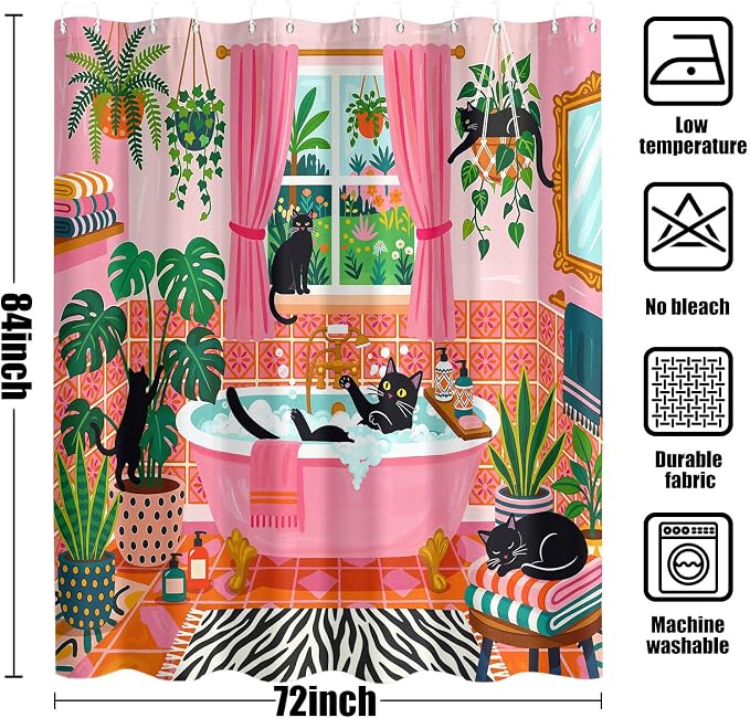 Accnicc Funny Cat Shower Curtain for Bathroom 72 X 84 Inches | Boho Cute Fun Black Cats Extra Long Shower Curtains, Tropical Plant Pink Bathroom Decor, Water-Resistant Washable Polyester