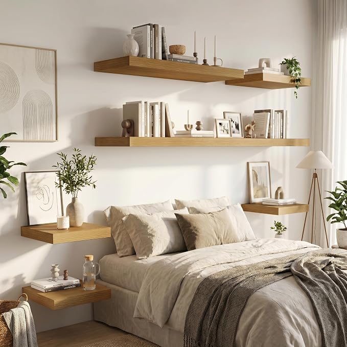 Vivelove Deep Floating Shelves 48x12” Set of 2, Oak | Easy Install With Hardware, 2" Thick, Invisible Brackets, Wall Mounted, No Sagging, For Any Room