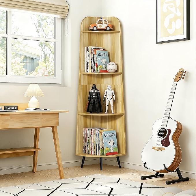 VECELO Large Tall Corner Shelf, 66.93" H 4-Tier Corner Storage Organizer, Freestanding Corner Display Rack for Living Room Bedroom Home Office, Natuarl Wood