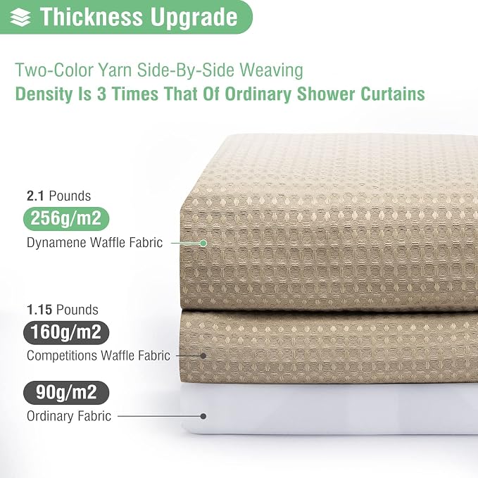 Extra Wide Waffle Shower Curtain 256 GSM Fabric 108x72 Beige/Khaki | 108 Inch Wide, Thick Polyester Cloth, Weighted Hem, Water Repellent, Washable, Hotel Shower Curtain Set for Bathroom 18 Hooks