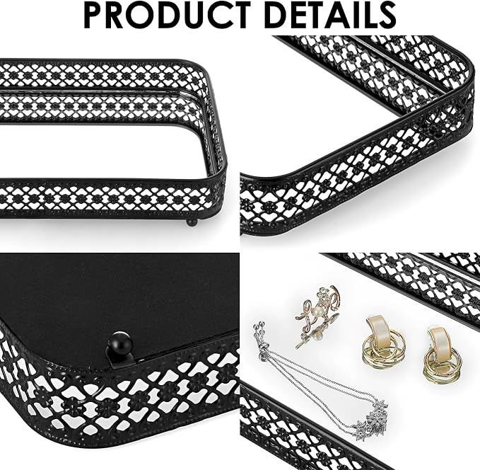 ELLDOO Black Mirror Glass Perfume & Makeup Vanity Tray, Large Size | Hollow-Carved Jewelry Storage, Metal Trinket Organizer for Dresser Bathroom Countertop Home Decor