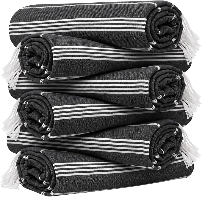Turkish Beach Towels, Set of 12, Oversized 72"x40" - Black | Soft Hammam Peshtemal, Sand Free, Quick-Dry, Absorbent Bath Towel | Lightweight & Compact for Travel, Pool, Gym, Spa