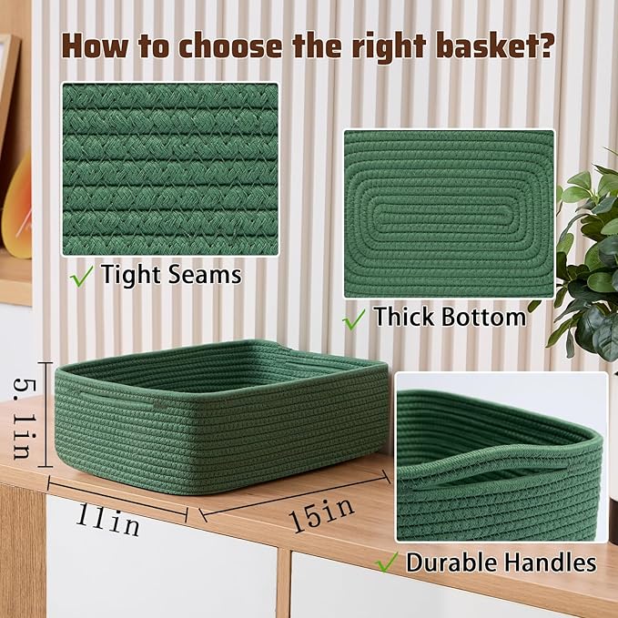 MiniArk Large Shallow Organizing Baskets 15x11x5.1 Inches - Rope Woven Storage Bins for Bathroom, Shelves, Cube Closet, Green 4 Packs