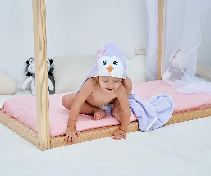 HIPHOP PANDA Ultra Soft Hooded Baby Towel - 2-Layer Thick 500GSM Absorbent | Rayon Made from Bamboo, Hooded Bath Towel for Newborn, Infant, Toddler, Baby Registry - Purple Penguin, 30x30 In