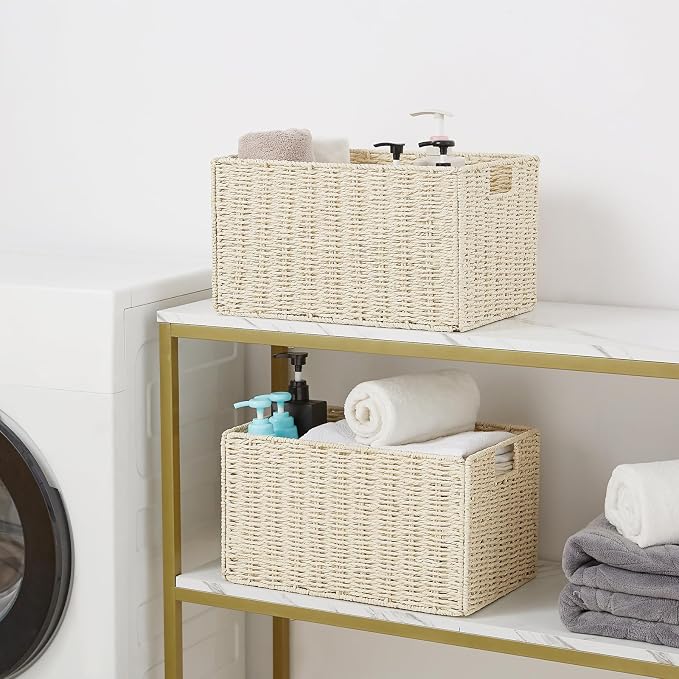 Wicker Storage Basket, Set of 2 Hand-Woven Paper Rope Wicker Basket, Small Storage Baskets for Organizing Toilet Paper Basket, Foldable Large Cube Storage Organizer Bins for Shelves (Beige)