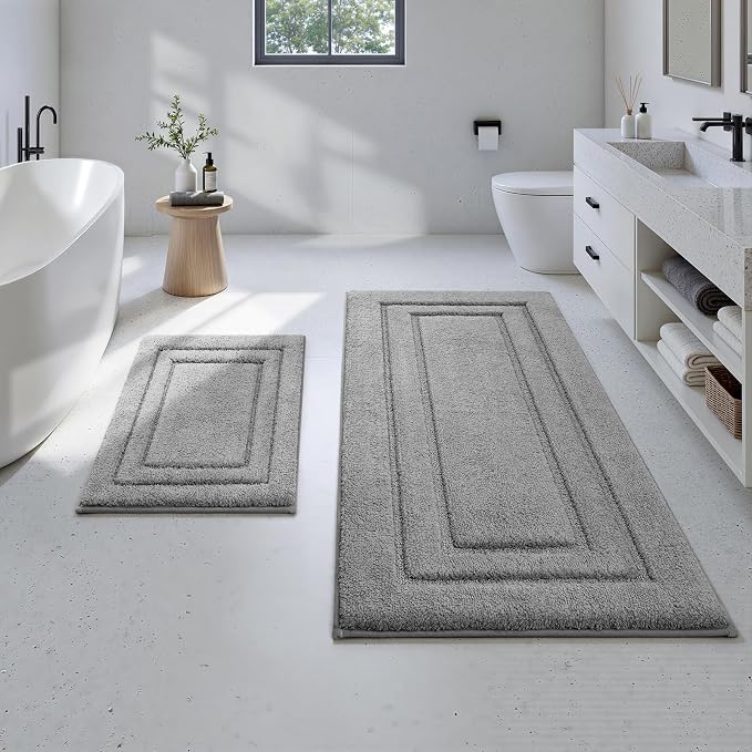 HOMEIDEAS 2 Pieces Large Bathroom Rug, Super Soft and Absorbent Long Rugs, Non Slip and Microfiber Bath Mat for Bathroom Decor (20"x47"+16" x 24", Grey)