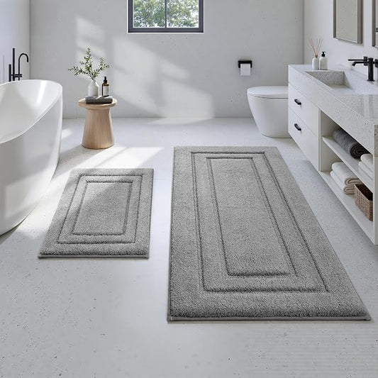 HOMEIDEAS 2 Pieces Large Bathroom Rug, Super Soft and Absorbent Long Rugs, Non Slip and Microfiber Bath Mat for Bathroom Decor (20"x47"+16" x 24", Grey)