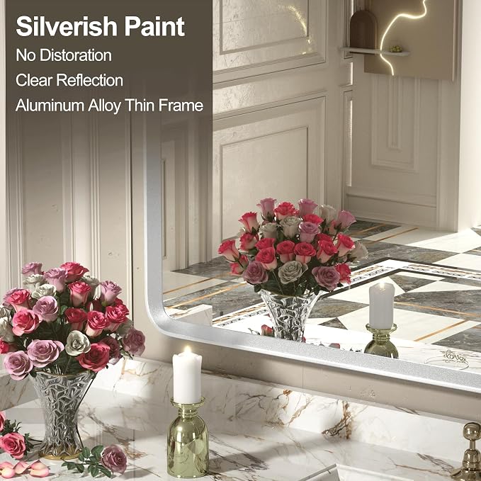 28x36 Brushed Silver Mirror for Bathroom | Silver Metal Framed Vanity Mirror, Beveled Border, Round Corner, Shatterproof, Anti-Rust (Horizontal/Vertical)