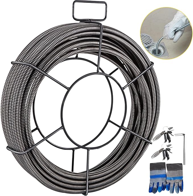 VEVOR Drain Cleaning Cable 50ft x 1/2 inch Solid Core Cable Sewer Cable, Drain Auger Cable Cleaner, Snake Clog Pipe Drain Cleaning Cable W/Four Shapes of Cutters