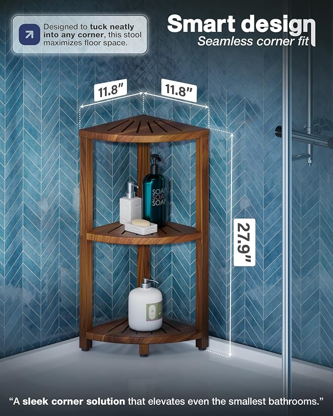 BLUEWEST 3-Tier Wooden Corner Shower Caddy Organizer with Anti-Slip Feet | Waterproof, Durable Bathroom Corner Shelf with a Space-Saving Design for Storage in Showers, Kitchens and Living Room Areas.