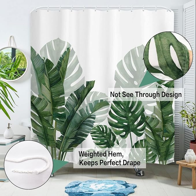Baccessor Tropical Green Plant Shower Curtain Waterproof Washable Fabric Summer Bathroom Decor Botanical Banana Monstera Leaf Palm Tree Shower Curtain with Hooks 72 W x72 H Inch