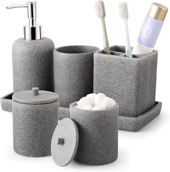 Resin 6 Pcs Gray Bathroom Set Complete with Toothbrush Holder, Lotion Soap Dispenser, 2 Qtip Holder Dispensers,Vanity Tray,Bathroom Tumbler - Countertop Vanity Organizer - Bathroom Accessories Set